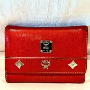MCM Scarlet Leather Wallet with Silver Accents
